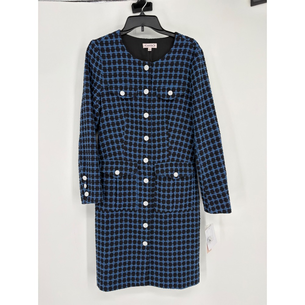 Nanette Lepore Dress Womens 10 Navy Black Tweed Grid Button Metallic 5M4F14QM8